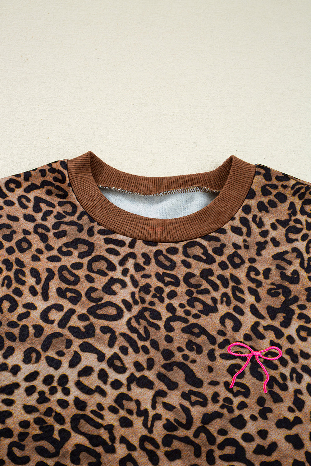 Coffee Leopard Print Contrast Trim Long Sleeve Top And Pants Set-Two Piece Sets/Pant Sets-[Adult]-[Female]-2022 Online Blue Zone Planet