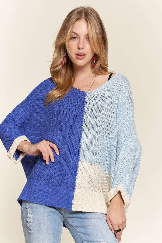 ADORA Side Slit Color Block Long Sleeve Sweater-TOPS / DRESSES-[Adult]-[Female]-Royal Blue-S/M-2022 Online Blue Zone Planet