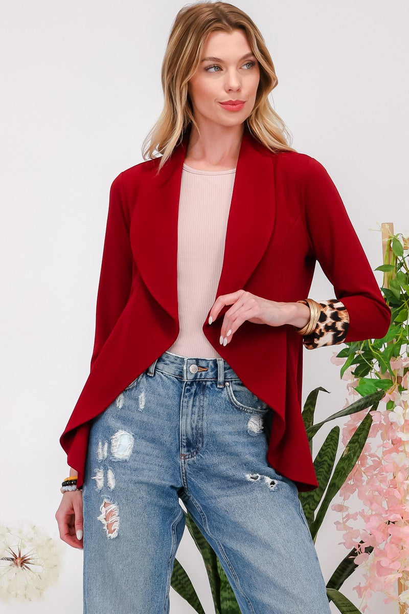 Blue Zone Planet | Celeste Full Size Rolled Leopard Cuff Open Front Blazer-TOPS / DRESSES-[Adult]-[Female]-Burgundy-S-2022 Online Blue Zone Planet