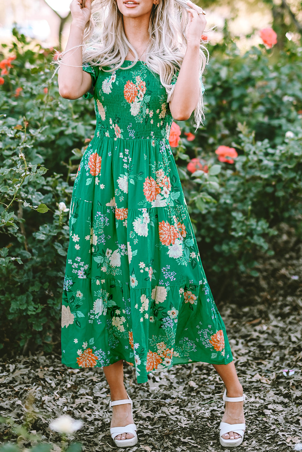 Blue Zone Planet |  Green Floral Print Bubble Sleeve Smocked Tiered Midi Dress Blue Zone Planet