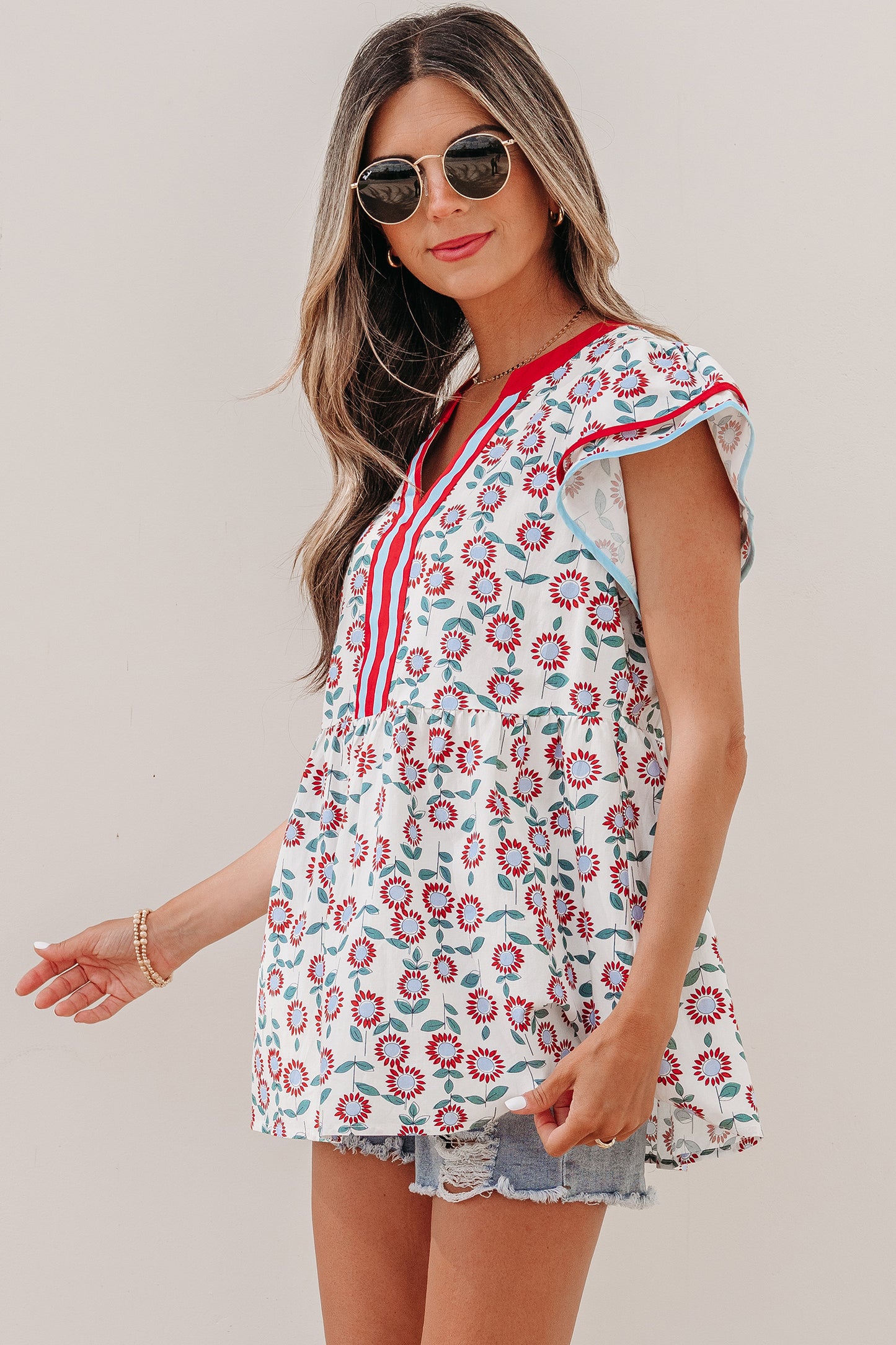 Red Sunflower Printed Contrast Trim V Neck Flutter Sleeve Blouse-Tops/Blouses & Shirts-[Adult]-[Female]-2022 Online Blue Zone Planet