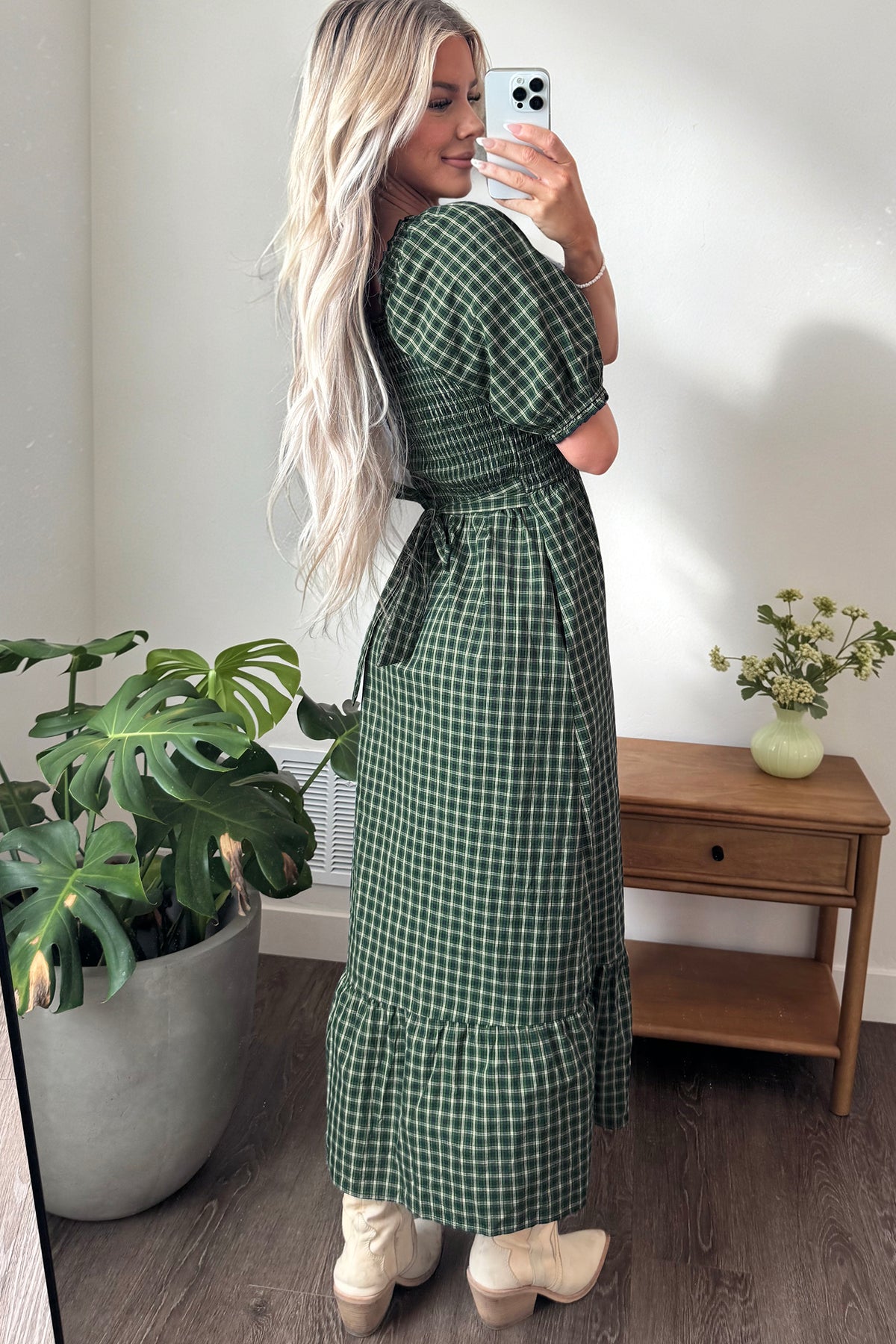 Green Plaid Square Neck Shirred High Waist Ruffle Hem Dress-TOPS / DRESSES-[Adult]-[Female]-2022 Online Blue Zone Planet