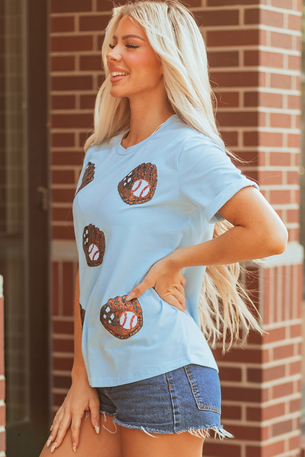 Light Blue Gopher Ball Sequin Patched Casual T Shirt-Graphic/Graphic Tees-[Adult]-[Female]-2022 Online Blue Zone Planet