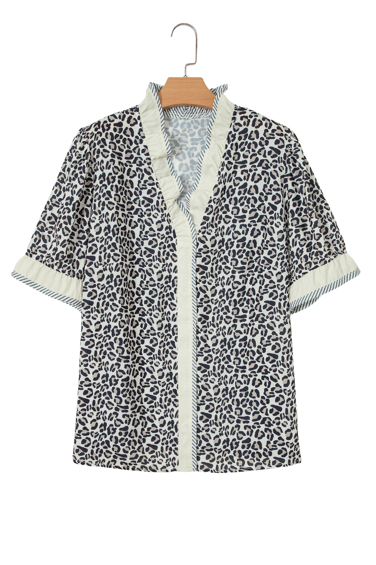 Black Plus Leopard Print Striped Color Block Trim Frilled V Neck Short Sleeve Blouse-Plus Size/Plus Size Tops/Plus Size Blouses & Shirts-[Adult]-[Female]-2022 Online Blue Zone Planet