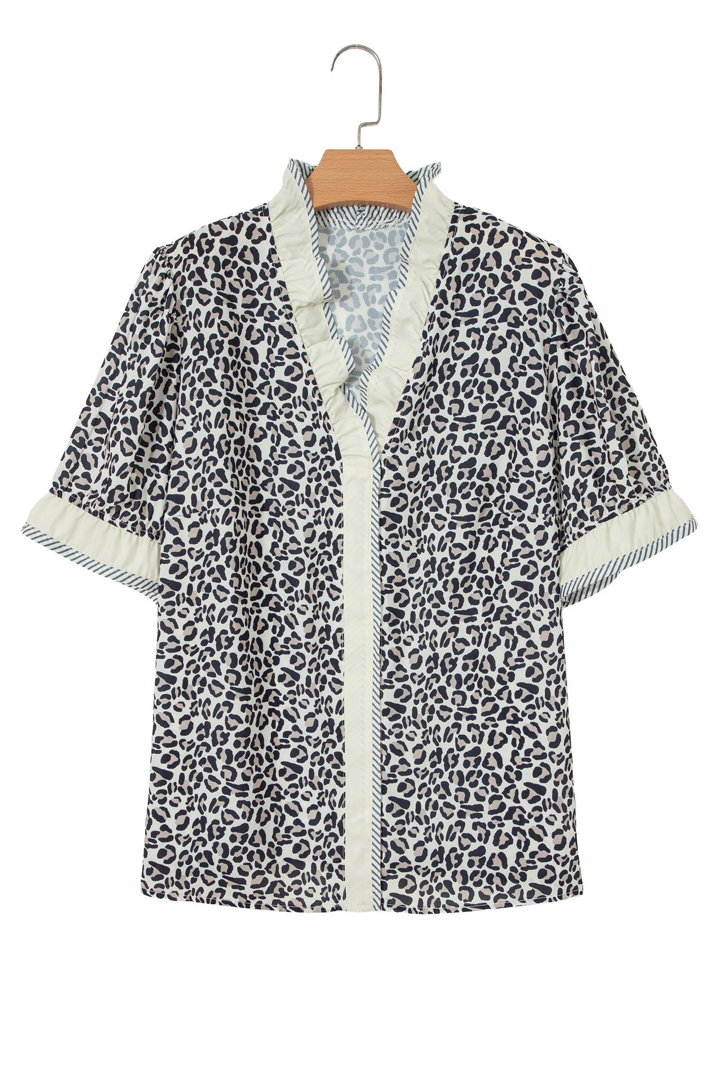 Black Plus Leopard Print Striped Color Block Trim Frilled V Neck Short Sleeve Blouse-Plus Size/Plus Size Tops/Plus Size Blouses & Shirts-[Adult]-[Female]-2022 Online Blue Zone Planet