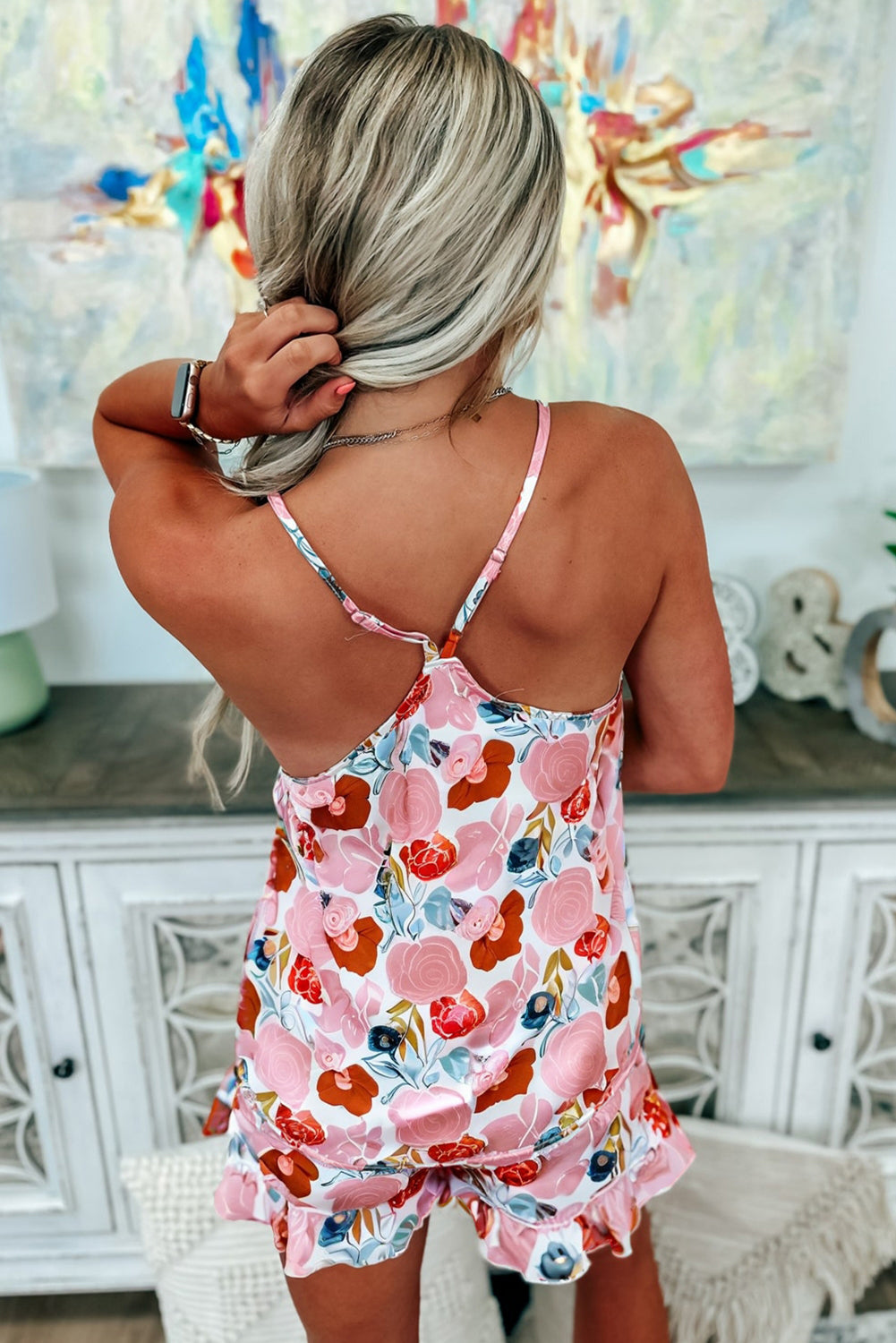 Multicolour Floral V Neck Cami Top And Ruffled Shorts Lounge Set-Loungewear & Sleepwear/Loungewear-[Adult]-[Female]-2022 Online Blue Zone Planet