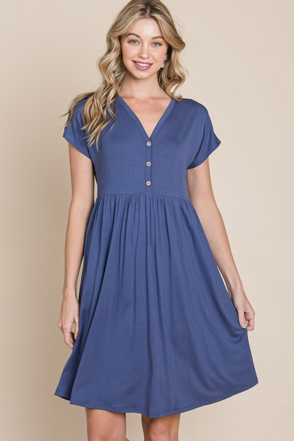 Blue Zone Planet | BOMBOM V-Neck Short Sleeve Dress-TOPS / DRESSES-[Adult]-[Female]-2022 Online Blue Zone Planet