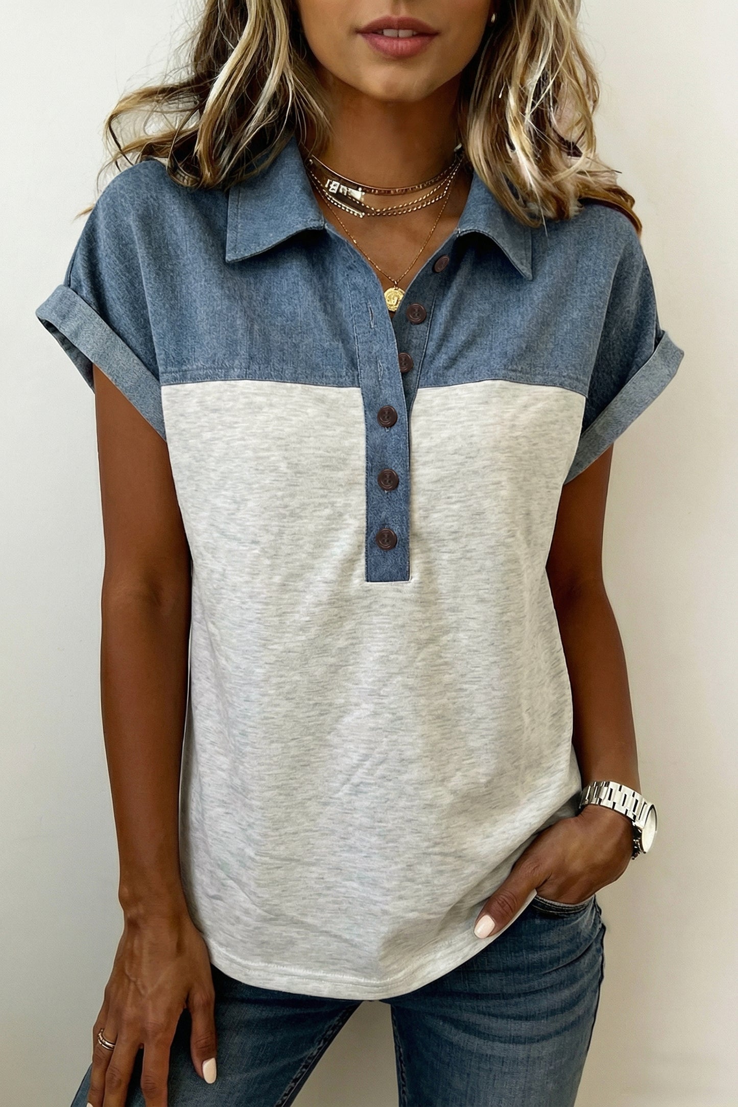Light Grey Color Block Denim Patchwork Button Polo Collar Short Sleeve Top-Tops/Blouses & Shirts-[Adult]-[Female]-2022 Online Blue Zone Planet