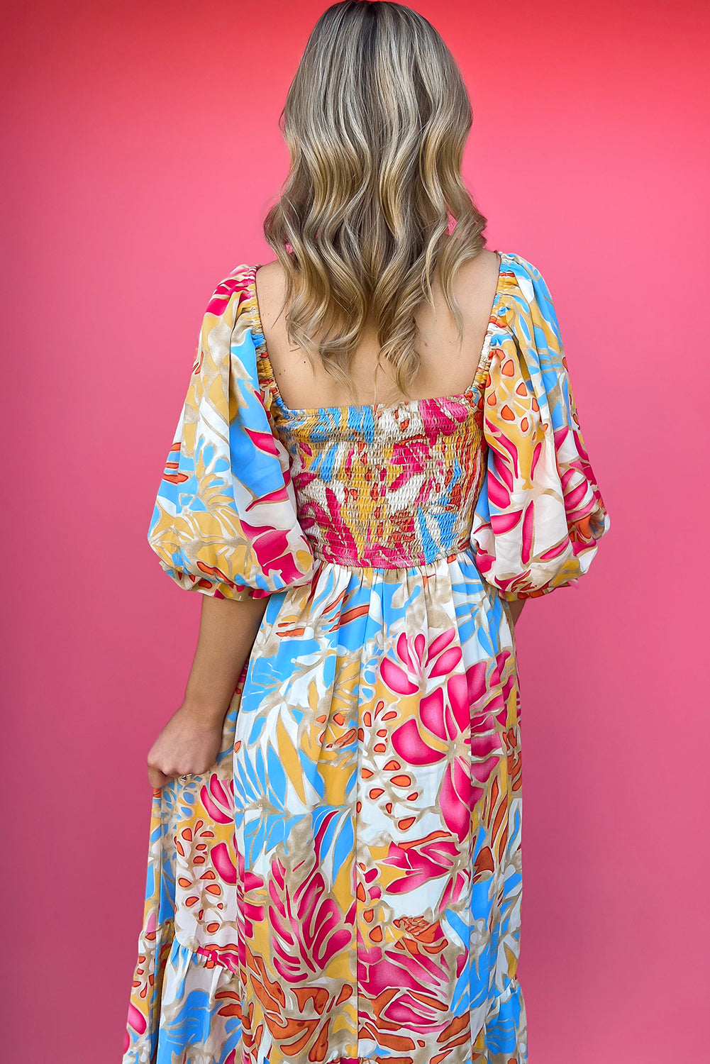 Rose Red Tropical Print Smocked Bodice Puff Sleeve Maxi Dress-Dresses/Floral Dresses-[Adult]-[Female]-2022 Online Blue Zone Planet