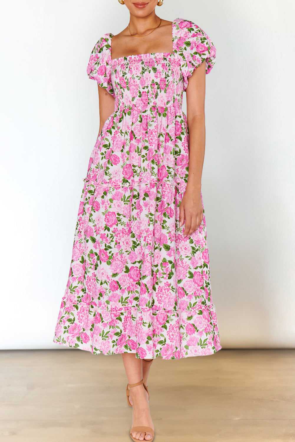 Pink Dainty Floral Smocked Puff Sleeve Flowy Long Dress-Dresses/Maxi Dresses-[Adult]-[Female]-2022 Online Blue Zone Planet