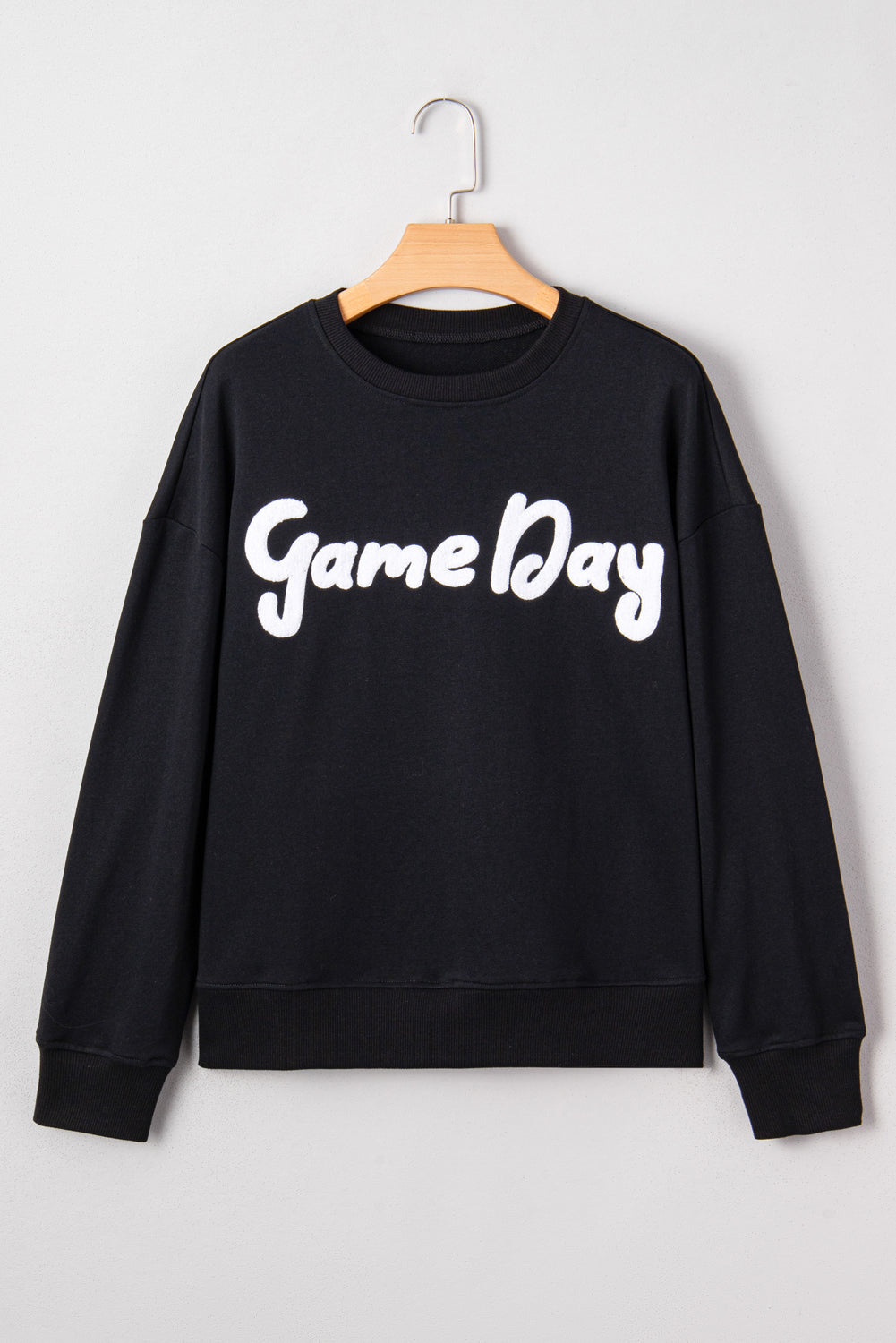 Black Chenille Game Day Graphic Drop Shoulder Sweatshirt-Tops/Sweatshirts & Hoodies-[Adult]-[Female]-2022 Online Blue Zone Planet