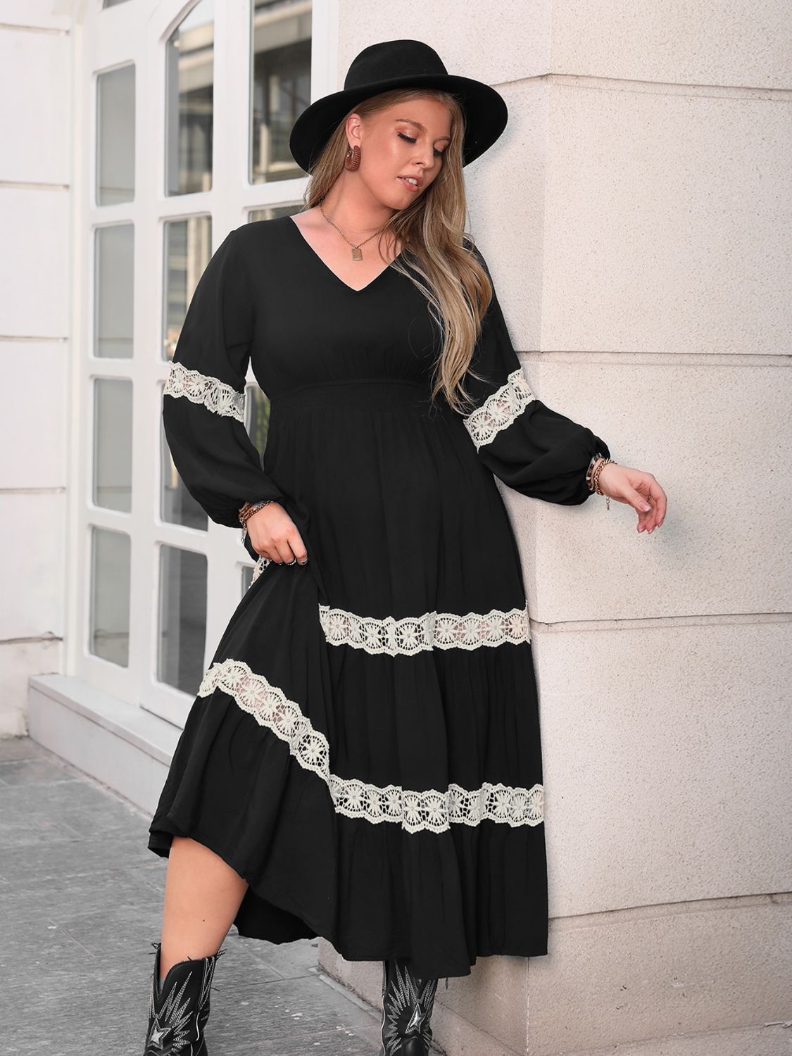 Plus Size Lace Detail V-Neck Long Sleeve Midi Dress-TOPS / DRESSES-[Adult]-[Female]-2022 Online Blue Zone Planet