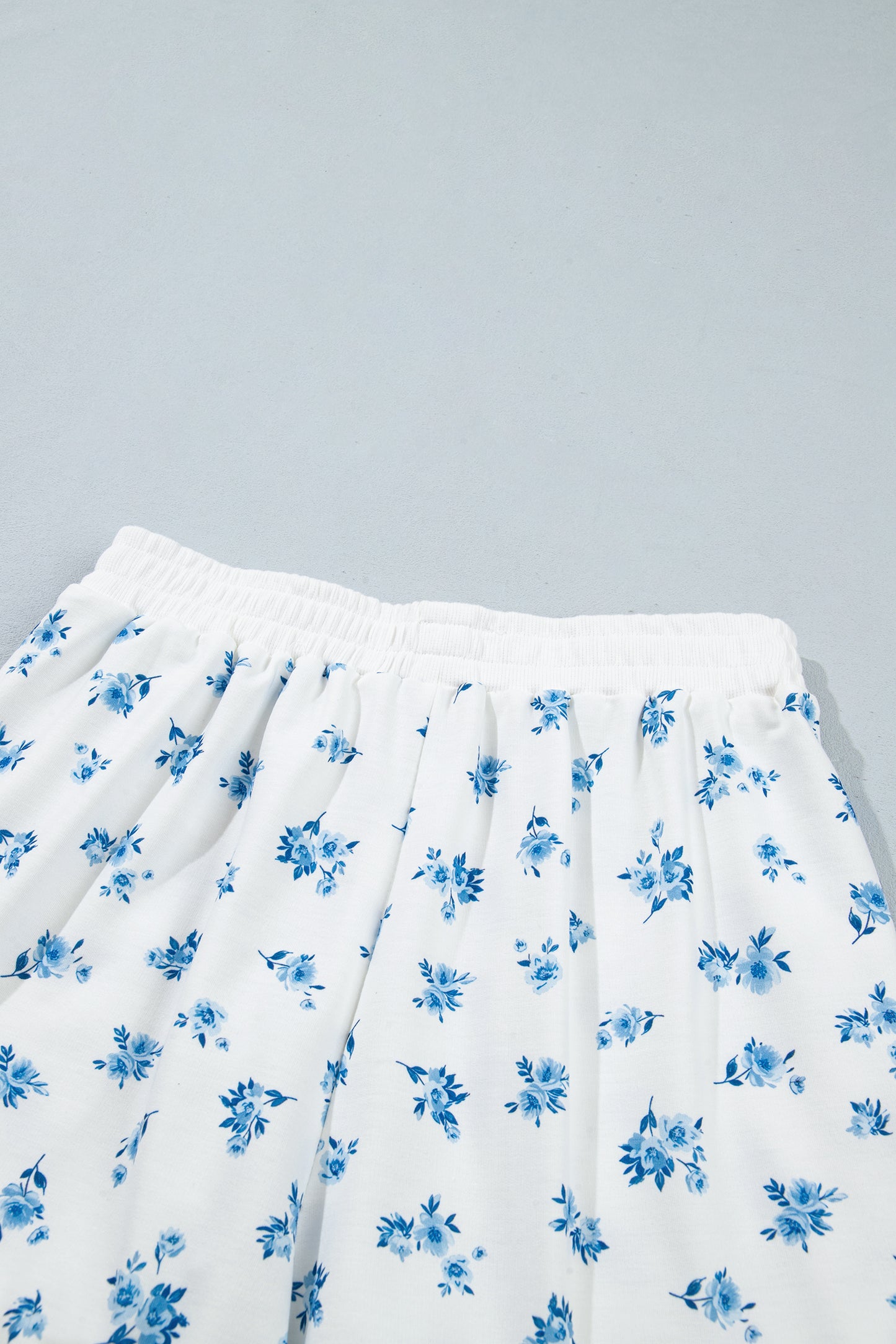 Sky Blue Floral Print Long Sleeve Top Elastic Waist Ruffle Hem Shorts 2pcs Set-Two Piece Sets/Short Sets-[Adult]-[Female]-2022 Online Blue Zone Planet