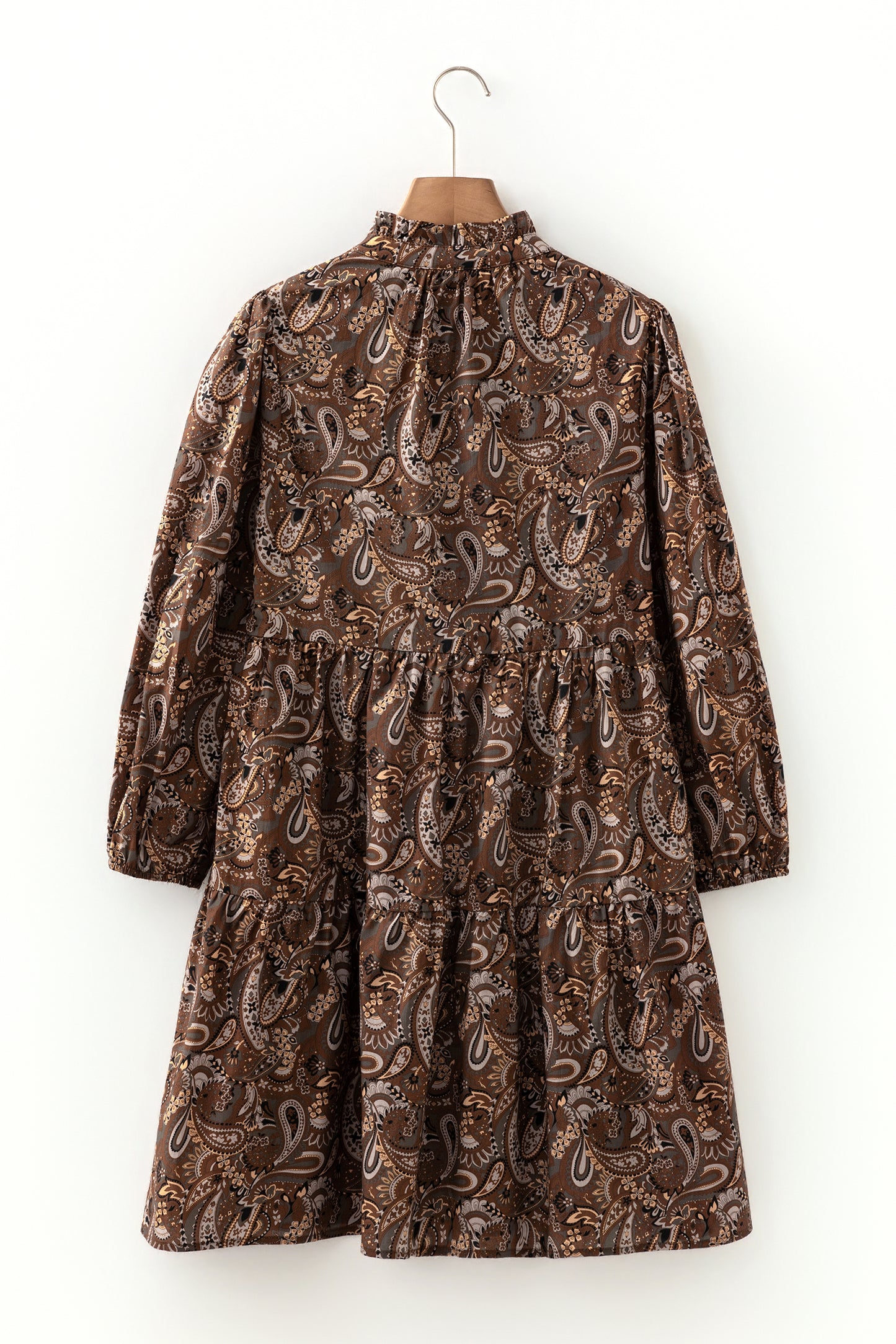 Brown Paisley Print Half Buttons Puff Sleeve Flowy Short Dress-TOPS / DRESSES-[Adult]-[Female]-2022 Online Blue Zone Planet