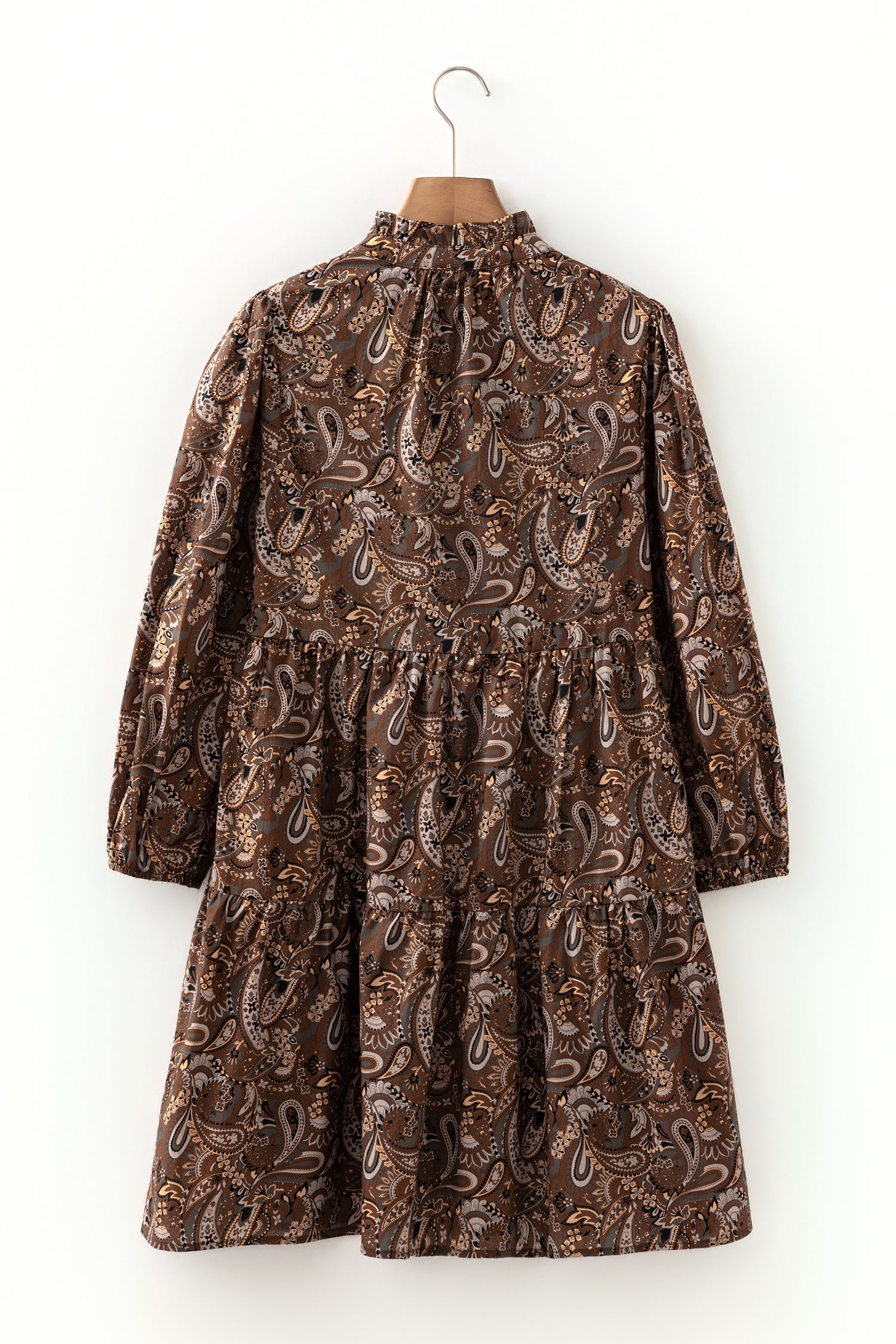 Brown Paisley Print Half Buttons Puff Sleeve Flowy Short Dress-TOPS / DRESSES-[Adult]-[Female]-2022 Online Blue Zone Planet