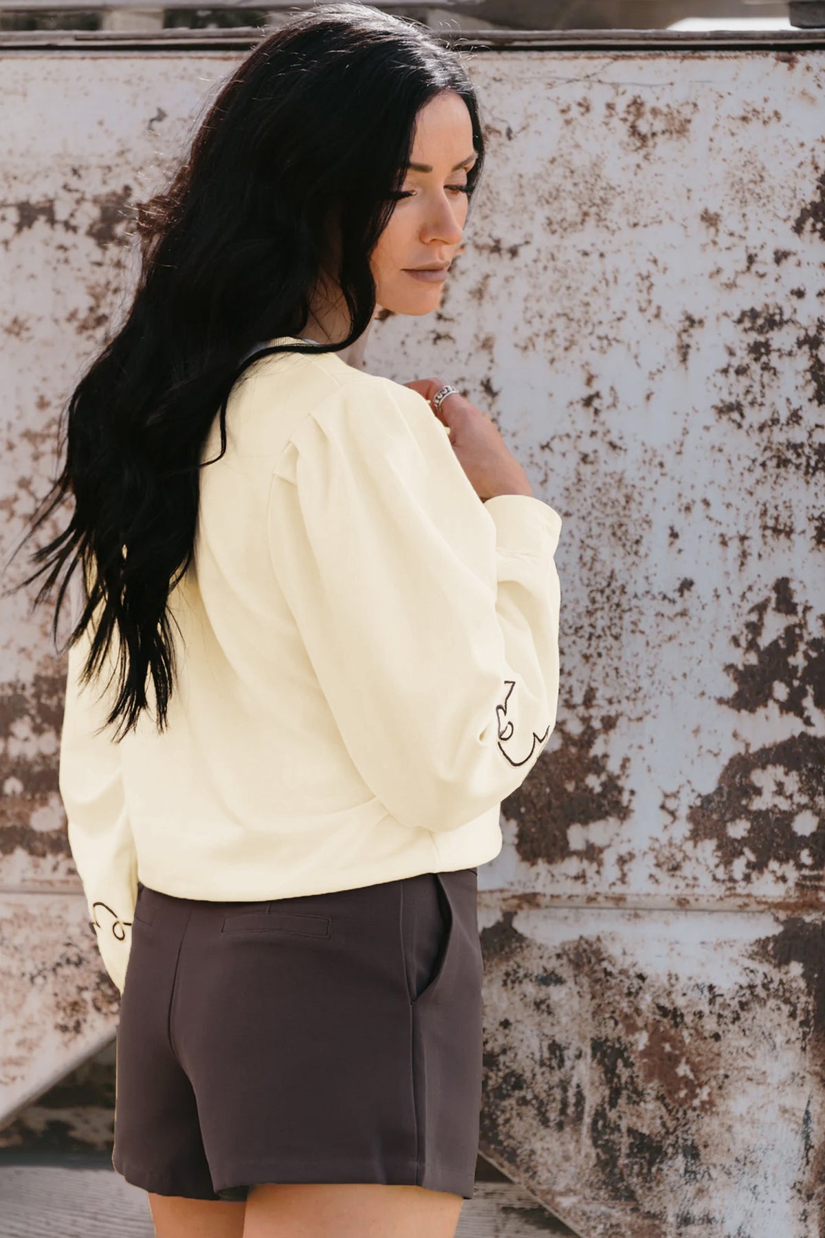Cream White Embroidered Western Print Long Sleeve Half Button Top-Tops/Long Sleeve Tops-[Adult]-[Female]-2022 Online Blue Zone Planet