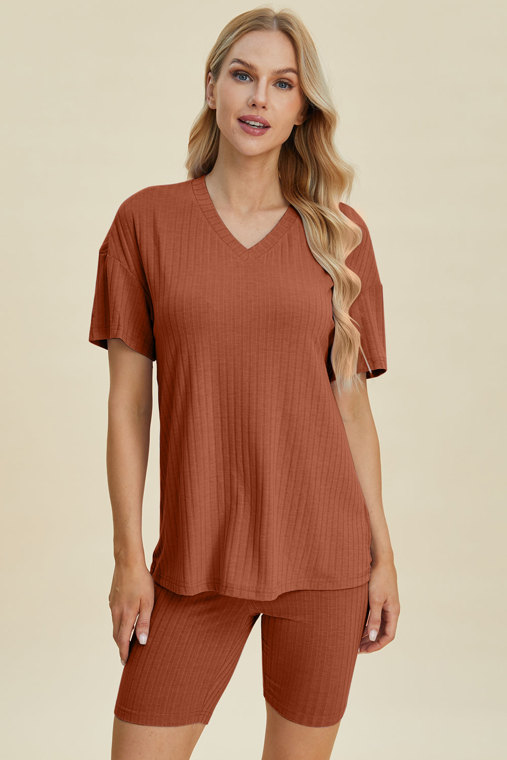 Basic Bae Full Size Ribbed V-Neck Short Sleeve Top and Shorts Set-TOPS / DRESSES-[Adult]-[Female]-Caramel-S-2022 Online Blue Zone Planet