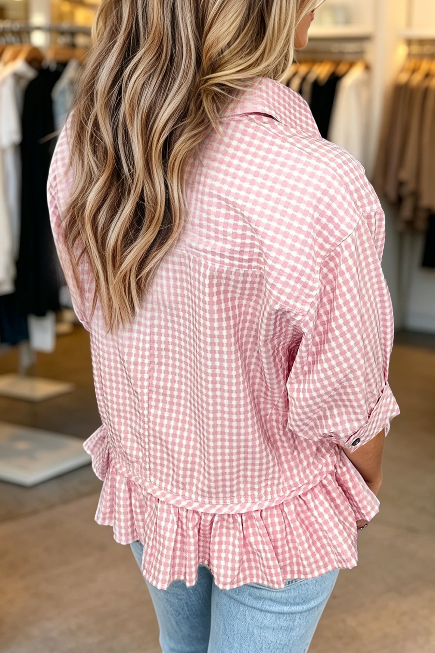 Pink Plaid Half Sleeve Ruffle Hem Button Down Shirt-Tops/Blouses & Shirts-[Adult]-[Female]-2022 Online Blue Zone Planet