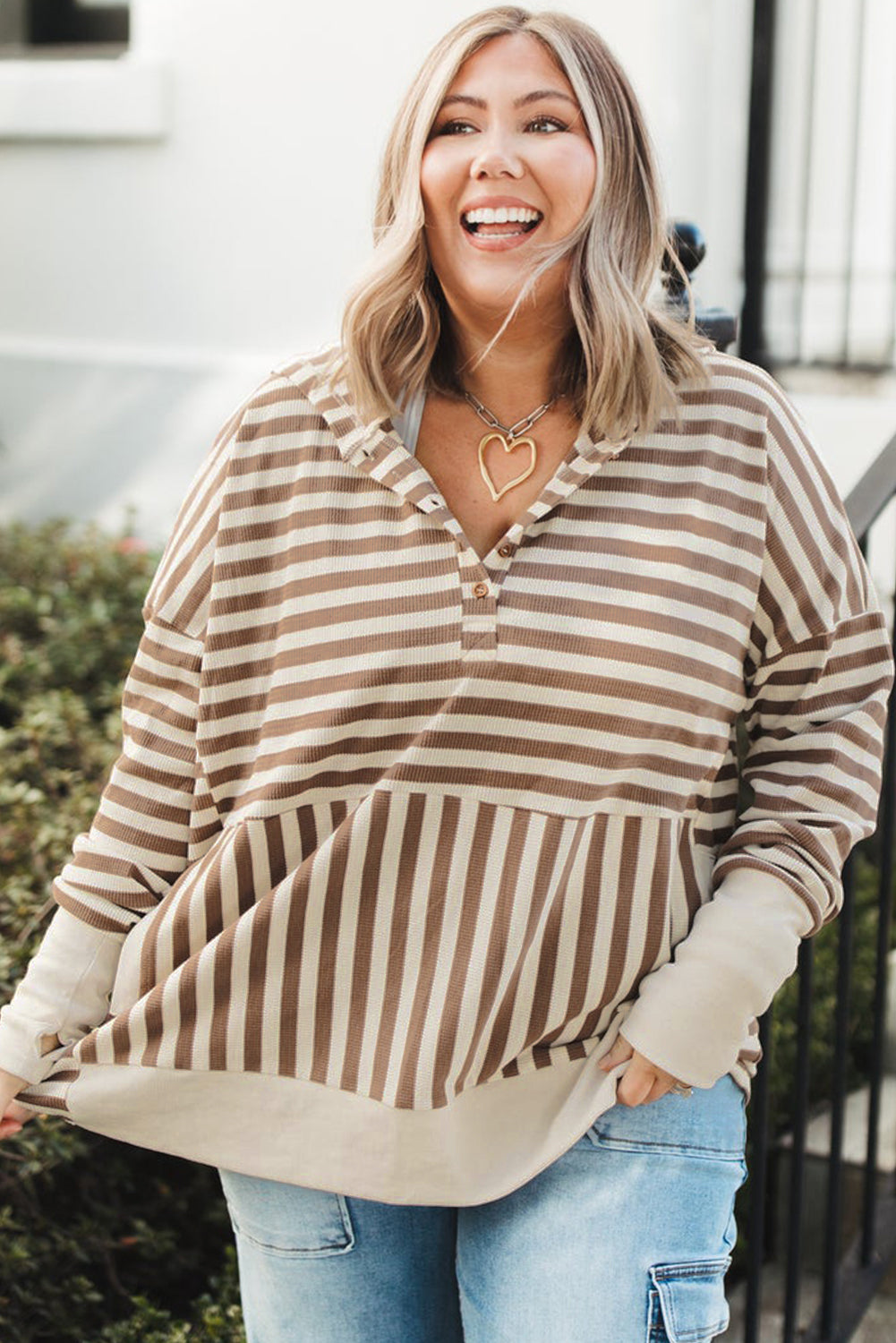 Brown Stripe Drop Sleeve Plus Size Henley Hoodie-Plus Size Tops-[Adult]-[Female]-2022 Online Blue Zone Planet