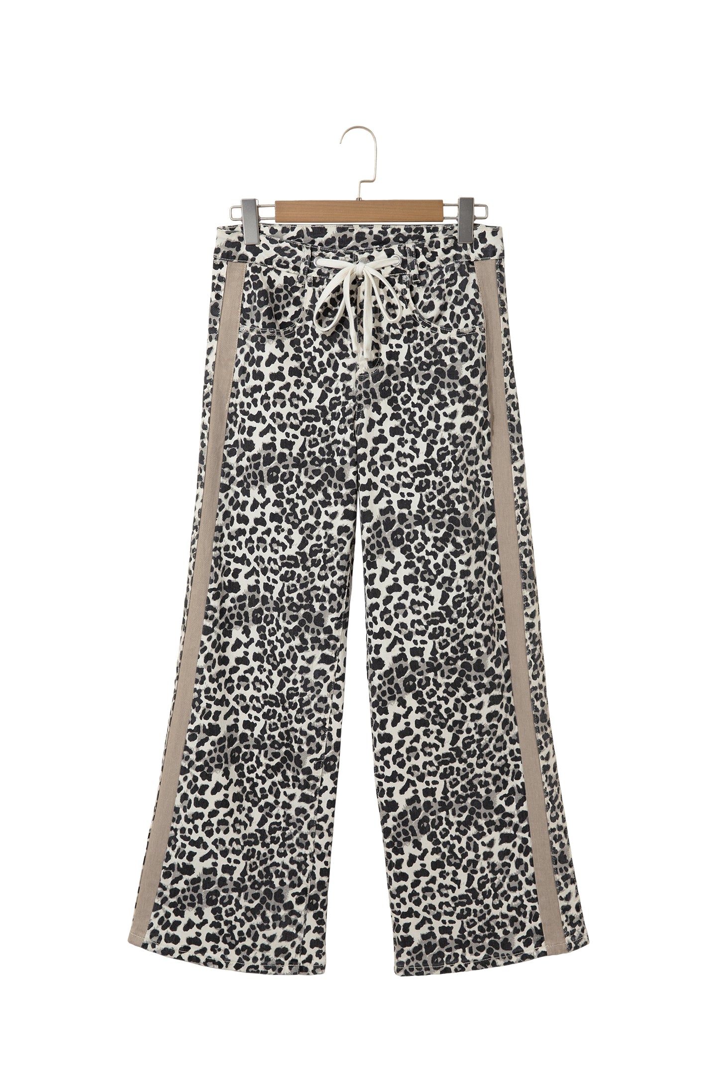 Khaki Leopard Print Drawstring Waist Straight Leg Jeans-Bottoms/Jeans-[Adult]-[Female]-2022 Online Blue Zone Planet