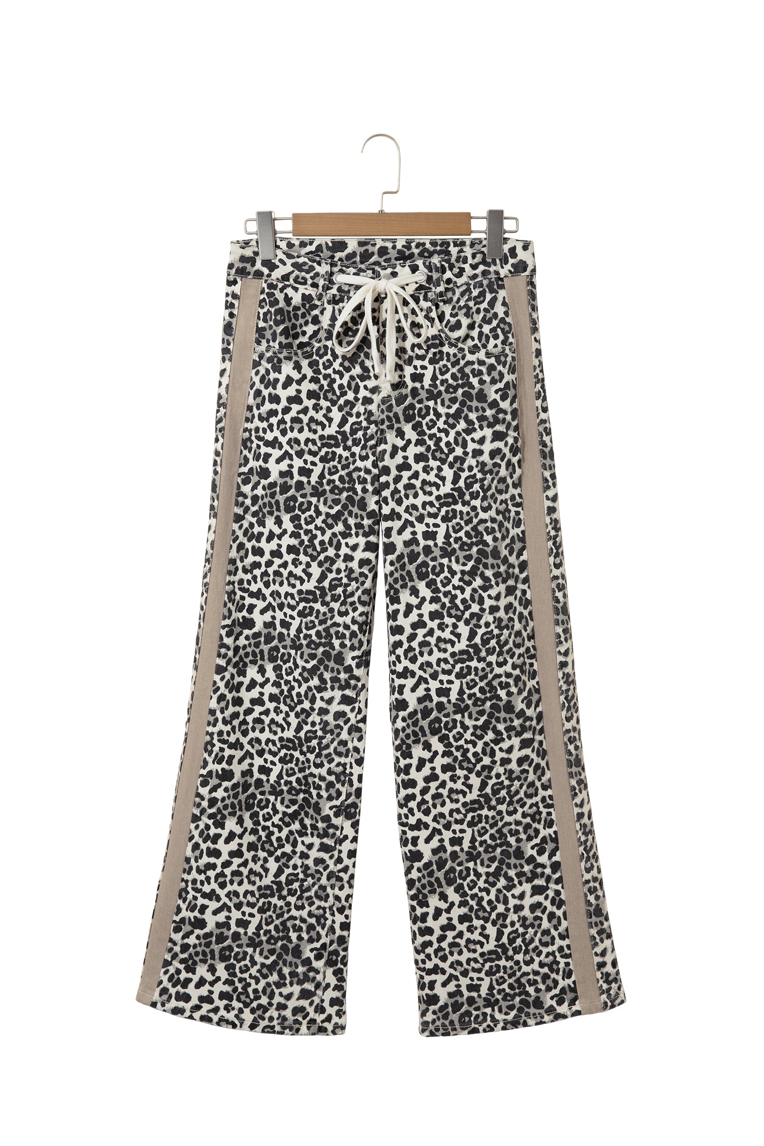 Khaki Leopard Print Drawstring Waist Straight Leg Jeans-Bottoms/Jeans-[Adult]-[Female]-2022 Online Blue Zone Planet