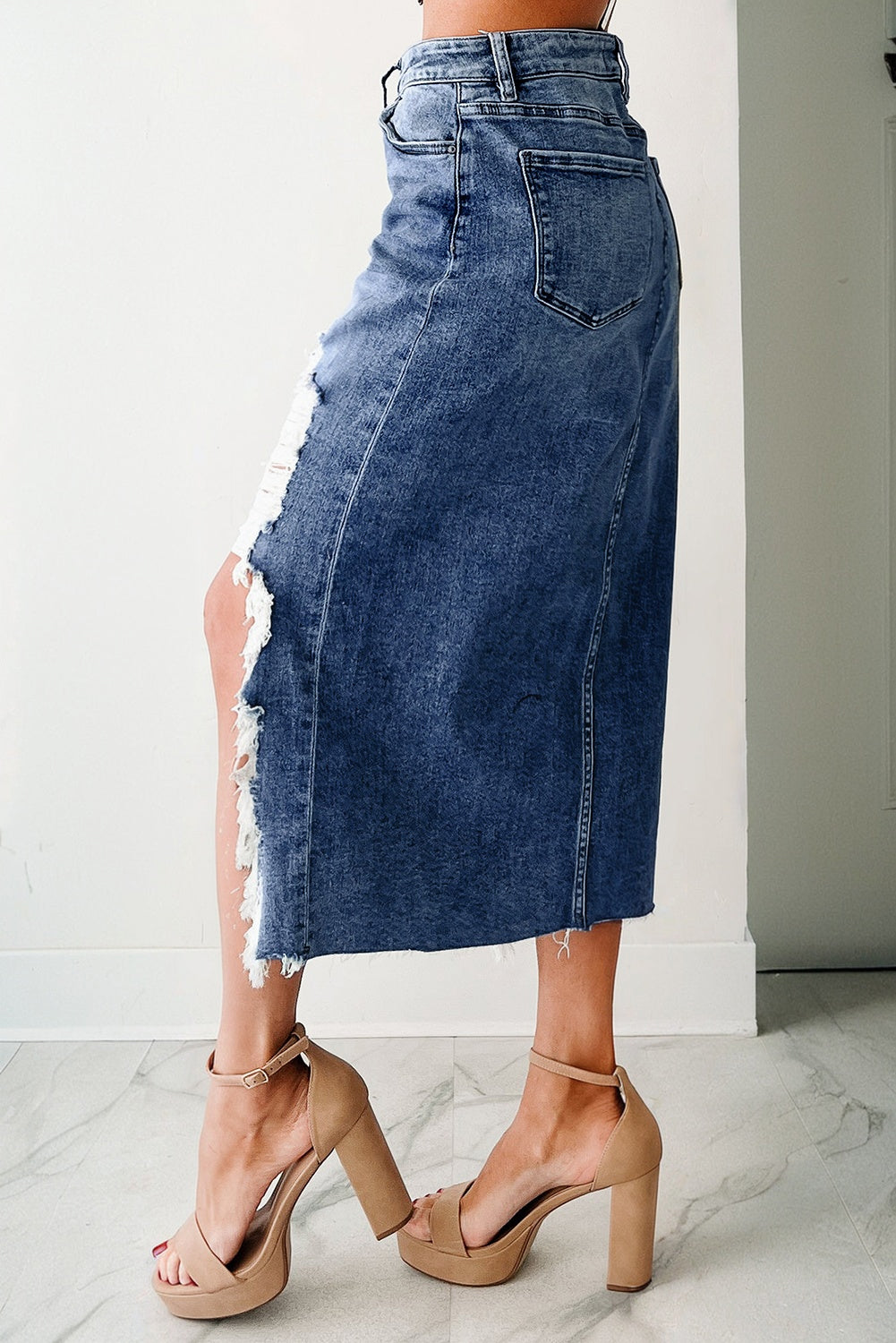 Sail Blue Dearlove Irregular Distressed Bottom Denim Midi Skirt-Bottoms/Skirts & Petticoat-[Adult]-[Female]-2022 Online Blue Zone Planet
