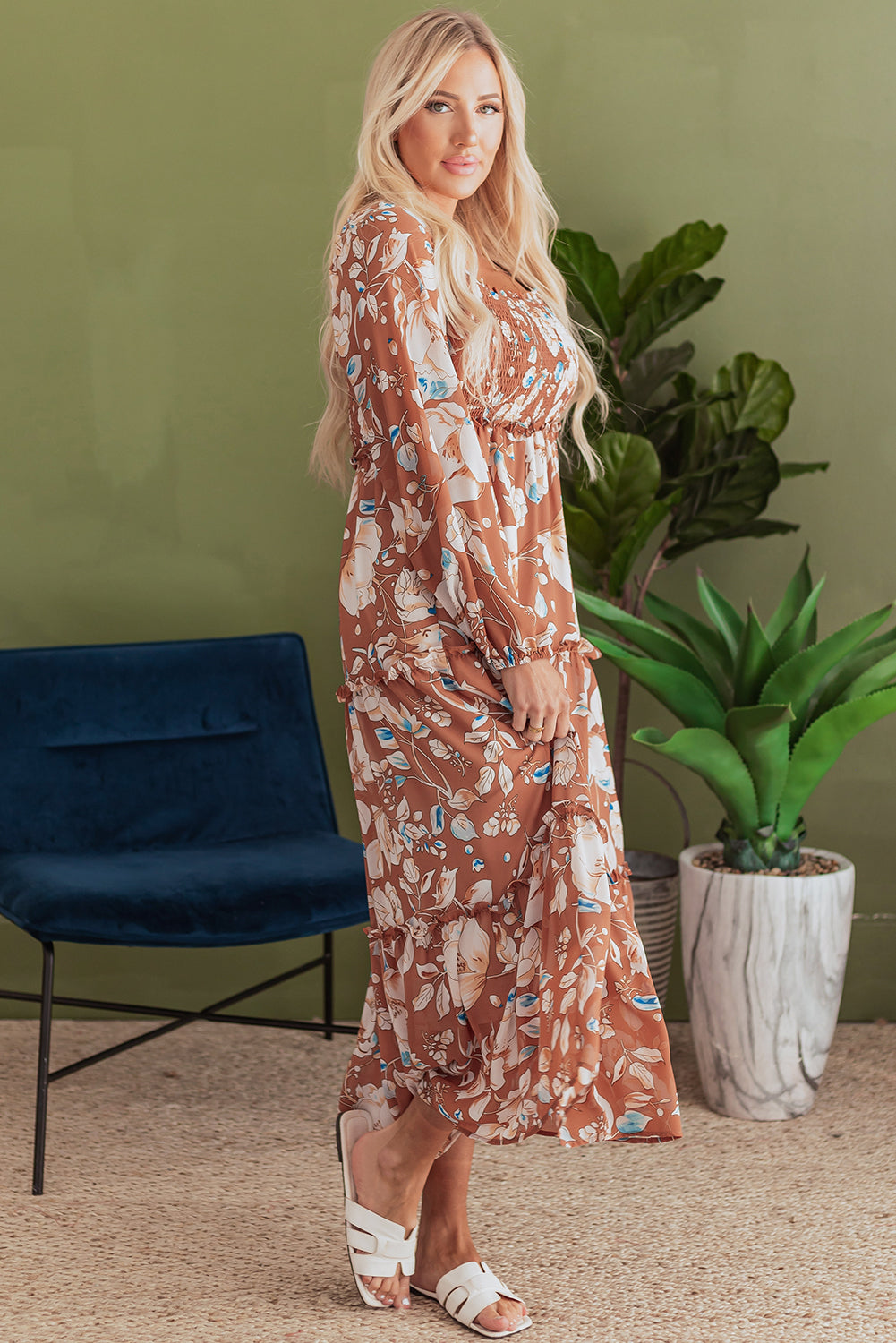 Blue Zone Planet | Brown Floral Print Shirred Square Neck High Waist Maxi Dress-TOPS / DRESSES-[Adult]-[Female]-2022 Online Blue Zone Planet