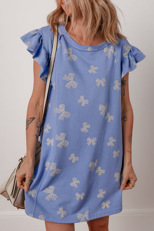Sky Blue Bow Knot Print Crewneck Ruffled Sleeve Shift Mini Dress-TOPS / DRESSES-[Adult]-[Female]-Sky Blue-S-2022 Online Blue Zone Planet