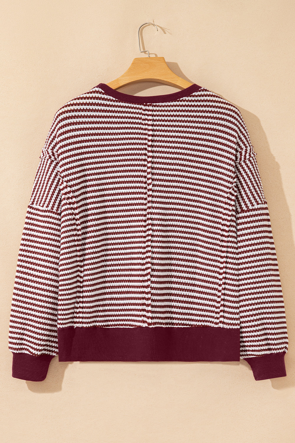 Red Stripe Ribbed Trim Drop Shoulder Long Sleeve Oversize Top-Tops/Long Sleeve Tops-[Adult]-[Female]-2022 Online Blue Zone Planet