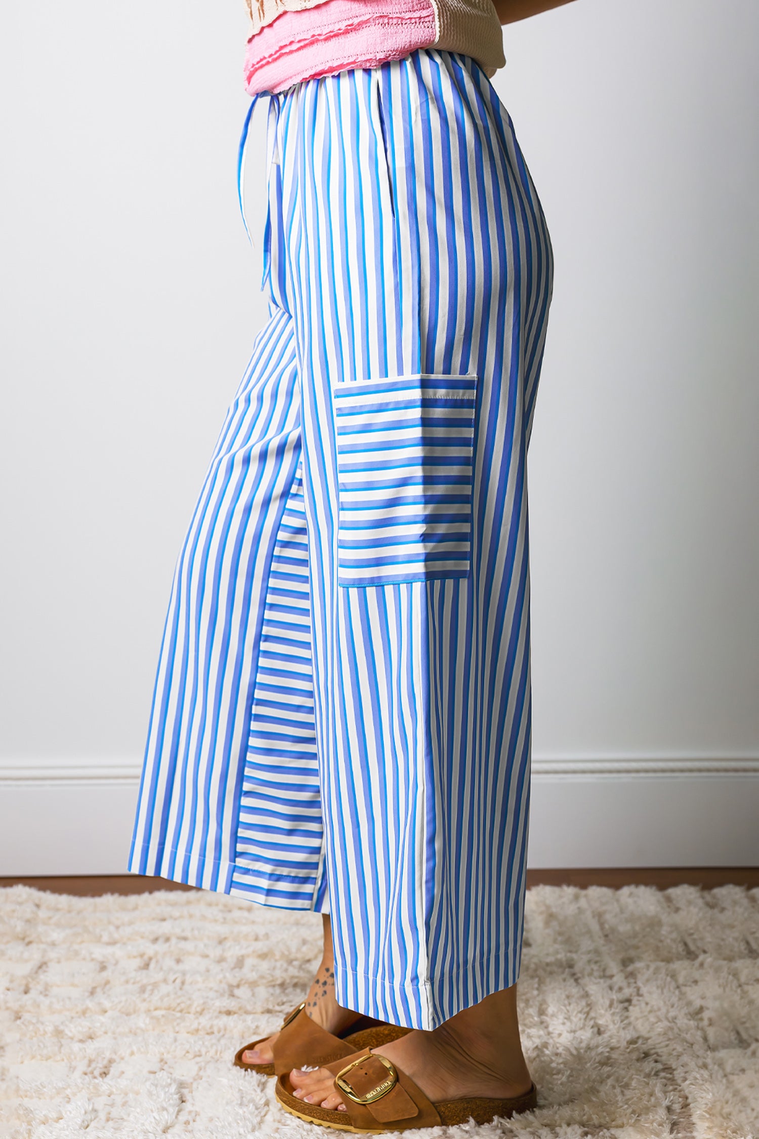 Sky Blue Stripe Drawstring Elastic Waist Patch Pocket Wide Leg Ankle-Length Pants-Bottoms/Pants & Culotte-[Adult]-[Female]-2022 Online Blue Zone Planet