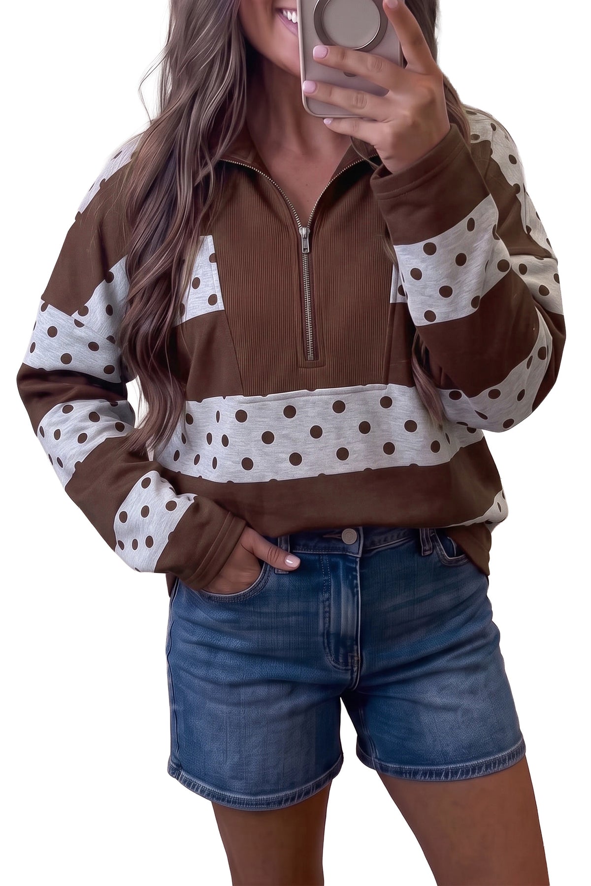 Brown Stripe Patchwork Polka Dot Accent Quarter Zip Long Sleeve Top-Tops/Long Sleeve Tops-[Adult]-[Female]-2022 Online Blue Zone Planet