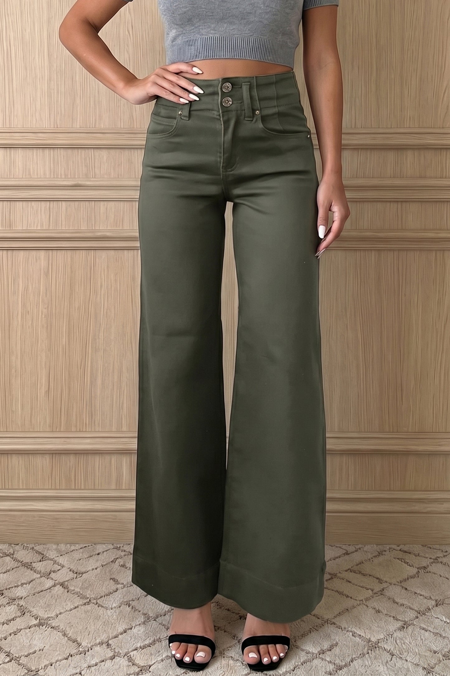 Mist Green 2-Button High Waist Flared Bottom Jeans-Bottoms/Jeans-[Adult]-[Female]-2022 Online Blue Zone Planet