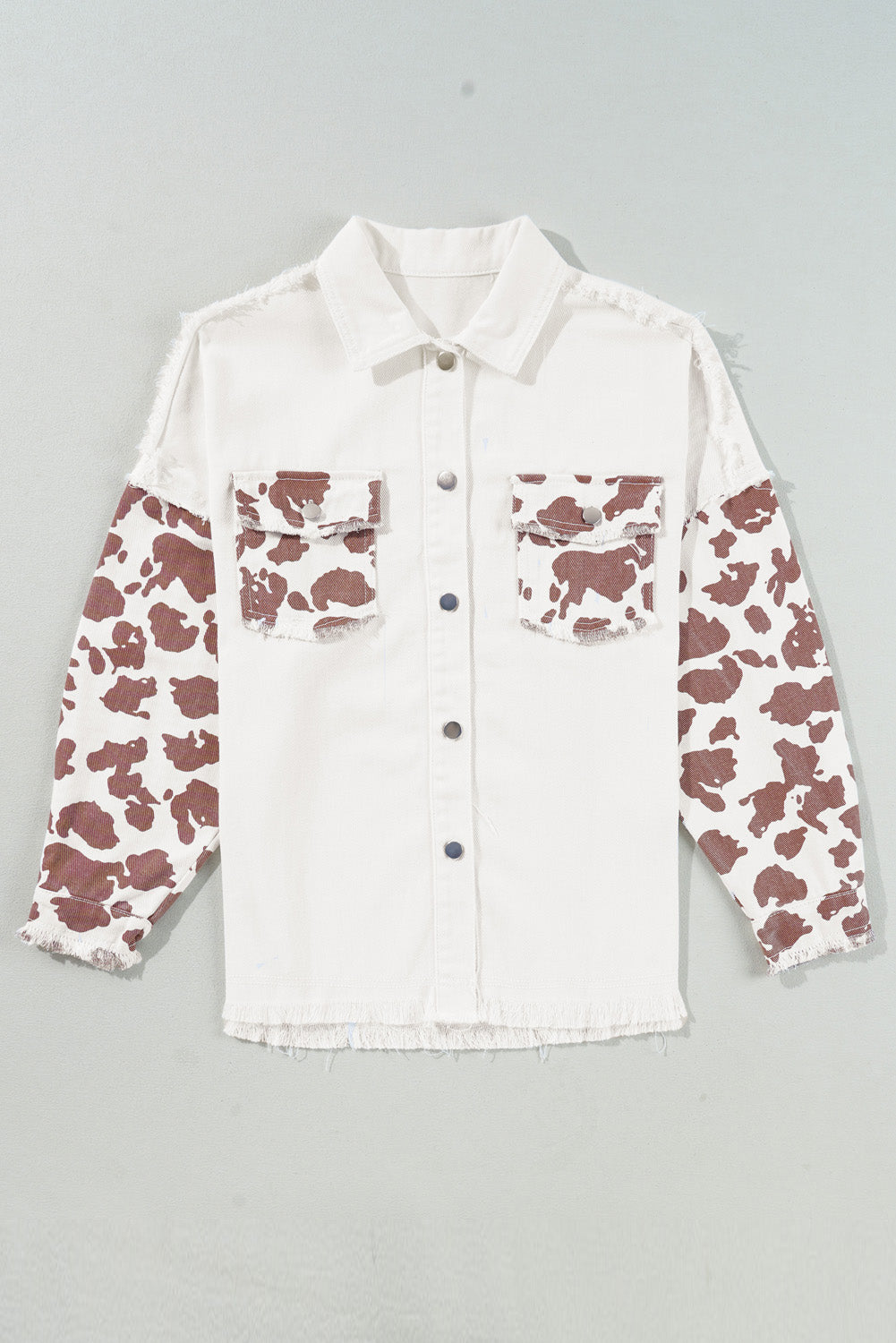 White Cow Spot Patchwork Flap Pocket Distressed Hem Long Denim Jacket-Outerwear/Denim jackets-[Adult]-[Female]-2022 Online Blue Zone Planet