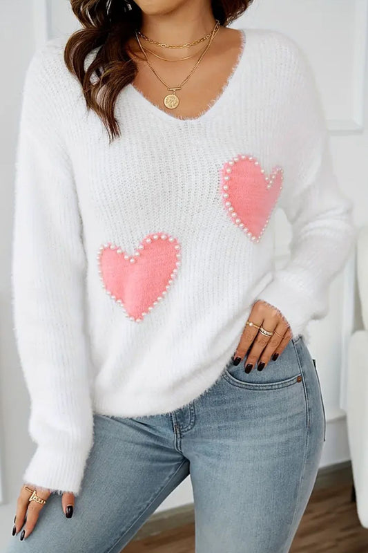 Blue Zone Planet |  Heart V-Neck Long Sleeve Sweater