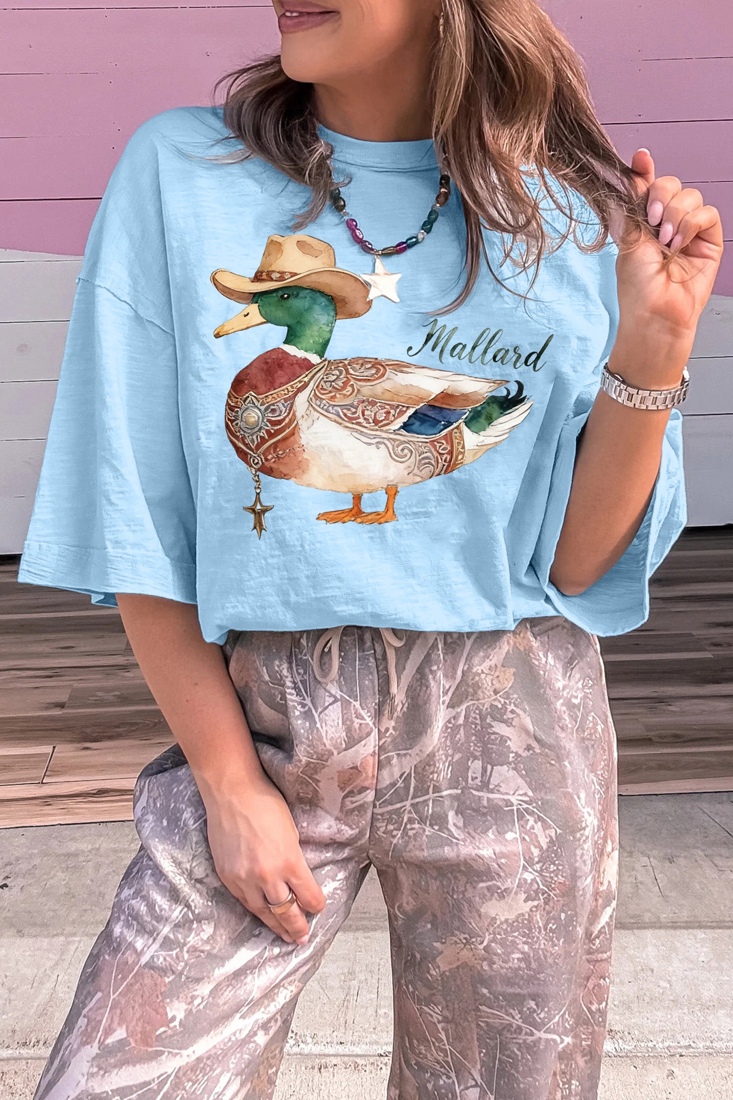 Mist Blue Western Mallard Oversized Tee-Tops/Tops & Tees-[Adult]-[Female]-2022 Online Blue Zone Planet