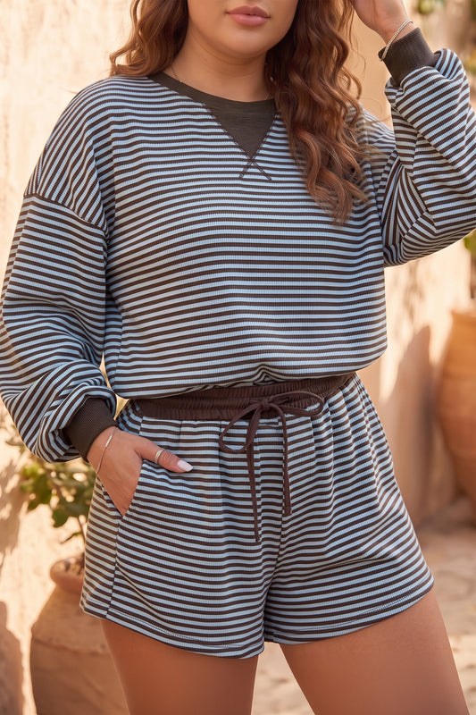 Brown Stripe Ribbed Colorblock Detail Long Sleeve Top and Shorts Plus Size Outfit-Plus Size/Plus Size Loungewear-[Adult]-[Female]-Brown Stripe-1X-2022 Online Blue Zone Planet