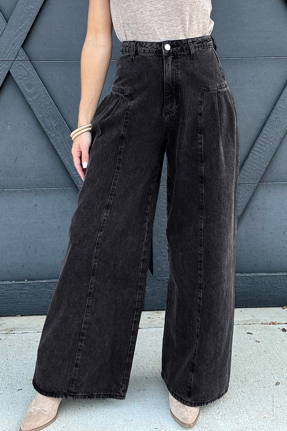 Dark Grey Pleated Wide Leg Mineral Wash Denim Pants-Bottoms/Jeans-[Adult]-[Female]-Dark Grey-6-2022 Online Blue Zone Planet