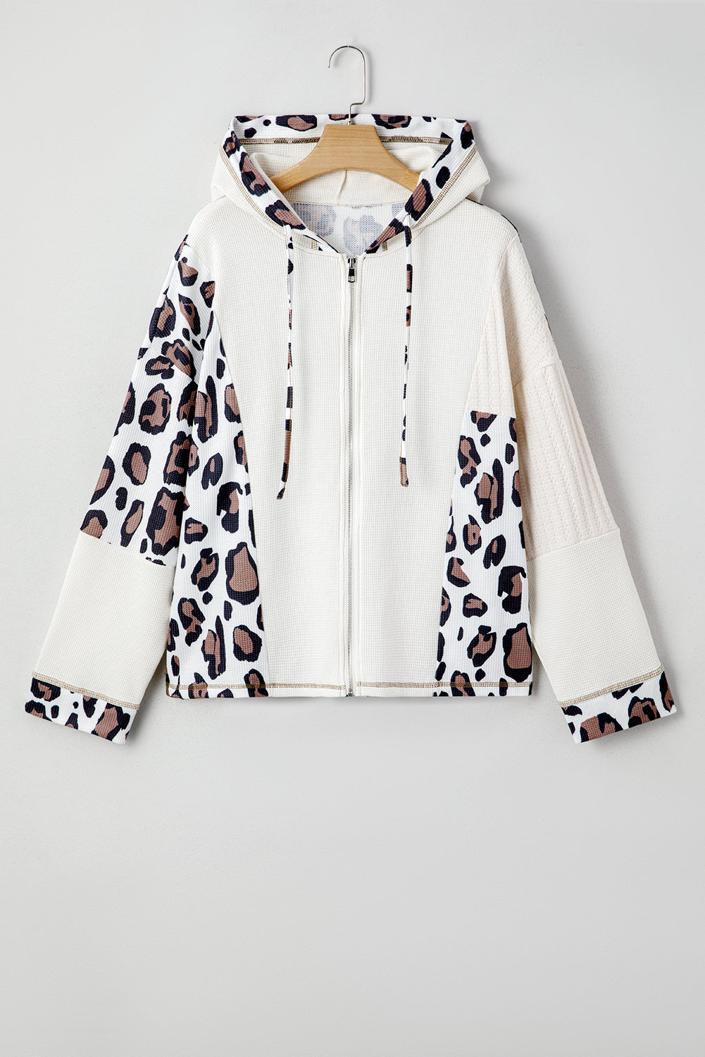 Apricot Oversized Leopard Contrast Mixed Texture Patchwork Zip Up Drop Shoulder Hoodie-Tops/Sweatshirts & Hoodies-[Adult]-[Female]-2022 Online Blue Zone Planet