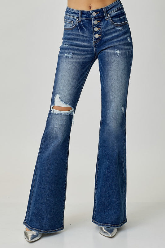 RISEN Distressed Button-Fly Flare Jeans-BOTTOMS SIZES SMALL MEDIUM LARGE-[Adult]-[Female]-Dark-0(24)-2022 Online Blue Zone Planet