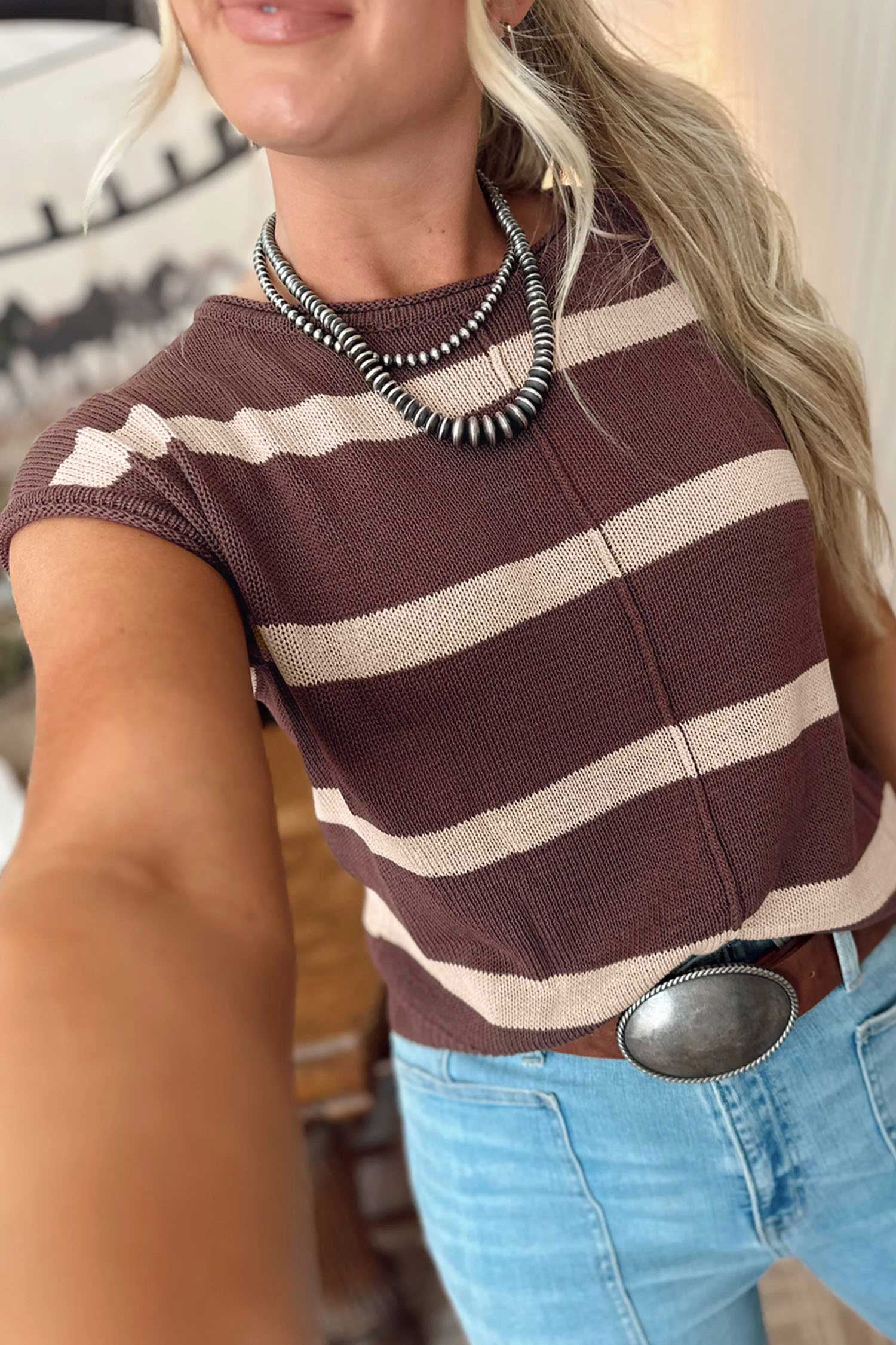 Brown Stripe Knit Western Short Sleeve Sweater-Sweaters & Cardigans/Short Sleeve Sweaters-[Adult]-[Female]-2022 Online Blue Zone Planet
