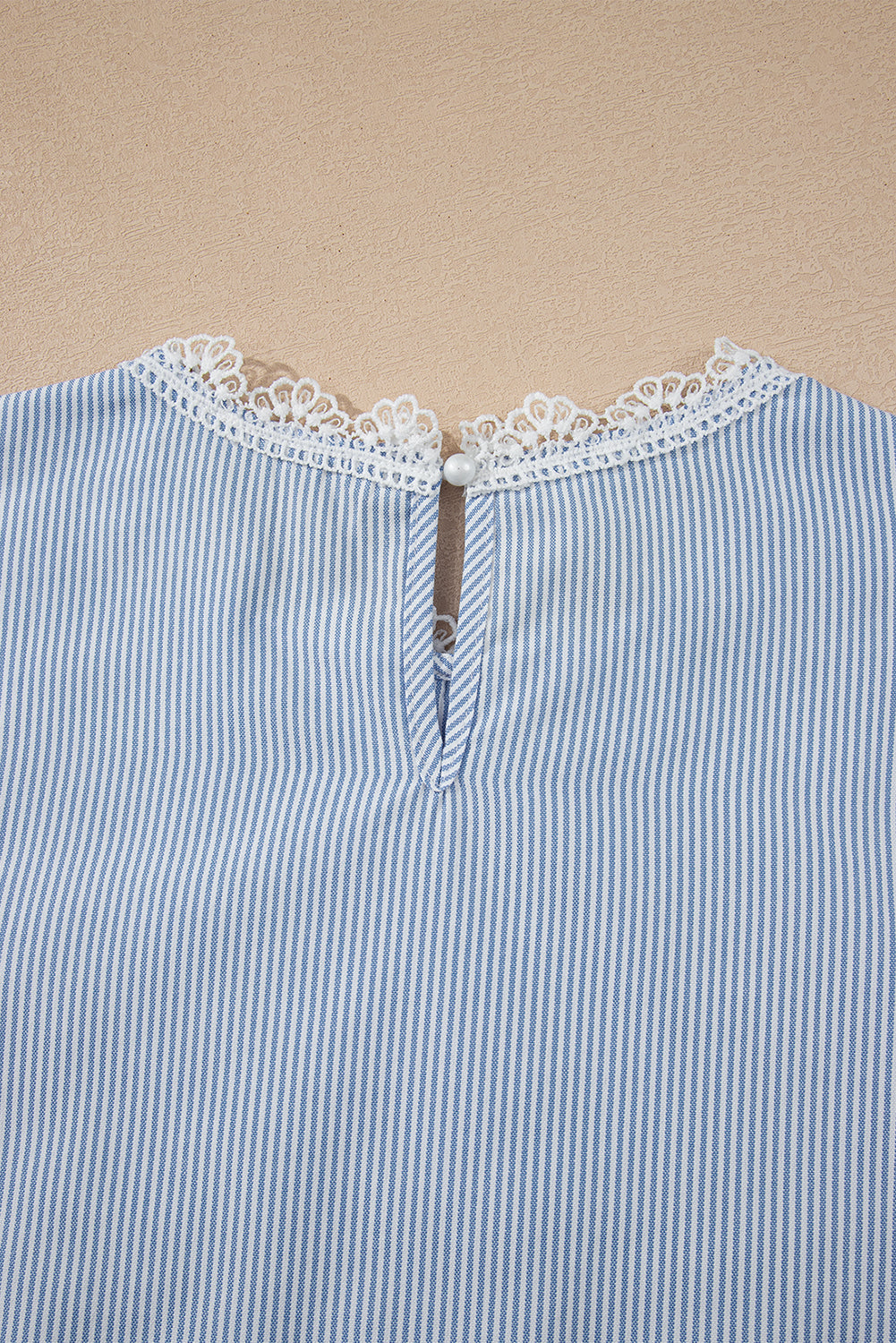 Sky Blue Stripe Floral Lace Splicing Puff Sleeve Blouse-Tops/Blouses & Shirts-[Adult]-[Female]-2022 Online Blue Zone Planet