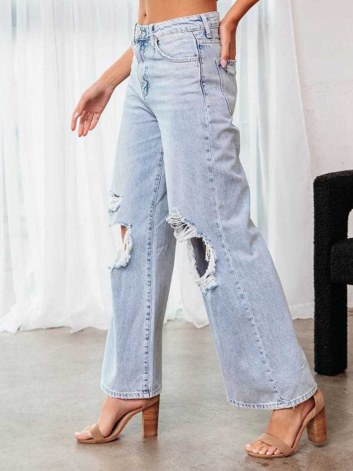 Distressed Wide Leg Jeans with Pockets-TOPS / DRESSES-[Adult]-[Female]-2022 Online Blue Zone Planet