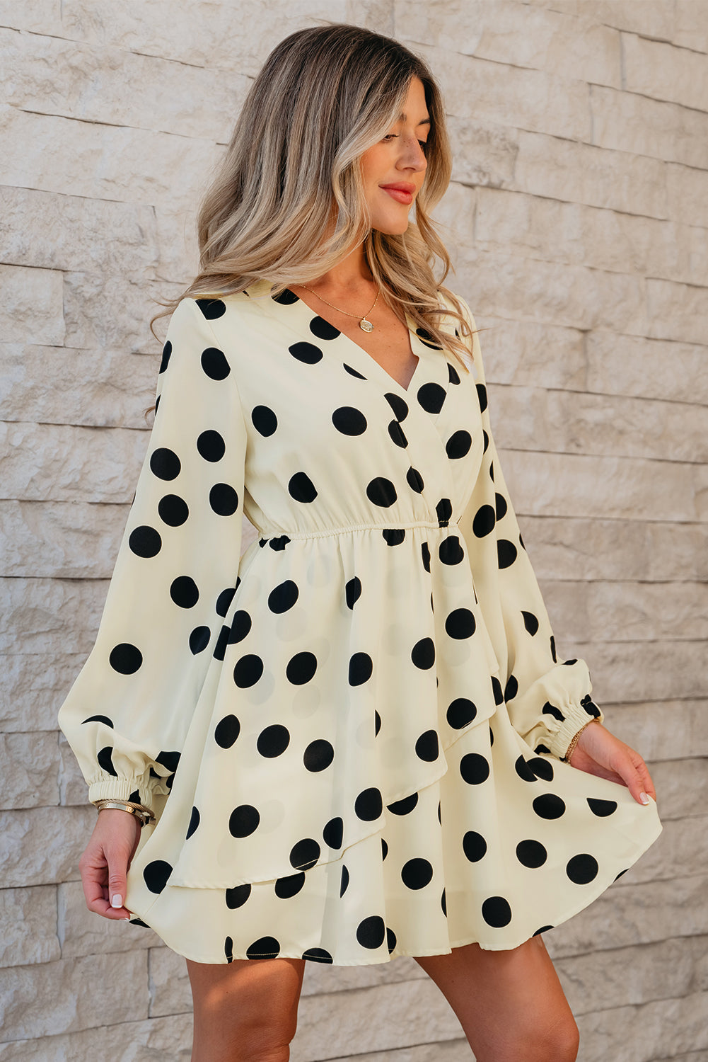 Blue Zone Planet | Beige Polka Dot Printed Surplice V Neck Puff Sleeve Mini Dress-TOPS / DRESSES-[Adult]-[Female]-2022 Online Blue Zone Planet