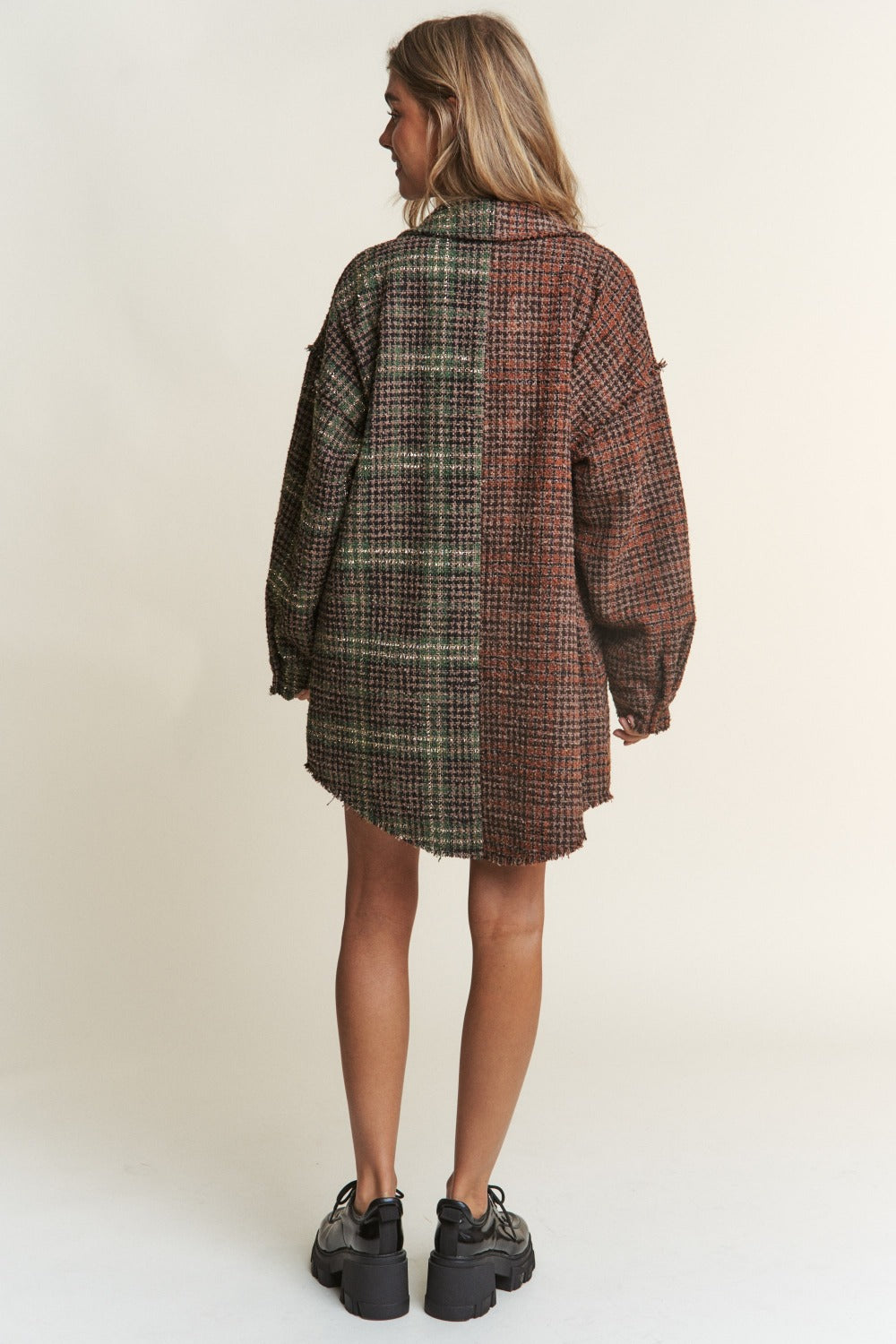 Blue Zone Planet | J.NNA Snap Down Tweed Plaid Contrast Longline Shacket-TOPS / DRESSES-[Adult]-[Female]-2022 Online Blue Zone Planet