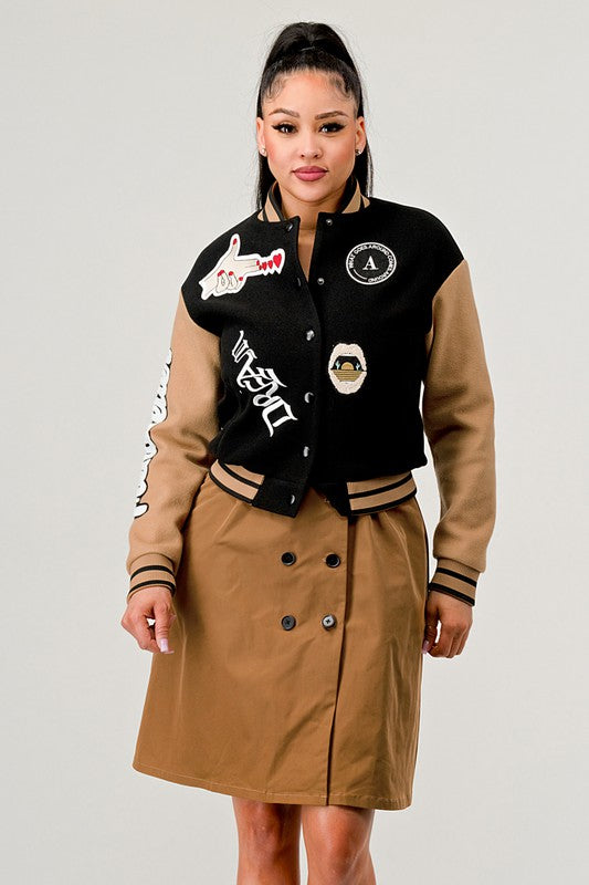 Tina's Black Queen Letterman Jacket-TOPS / DRESSES-[Adult]-[Female]-2022 Online Blue Zone Planet