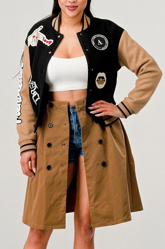 Tina's Black Queen Letterman Jacket-TOPS / DRESSES-[Adult]-[Female]-BLACK/KHAKI-S-2022 Online Blue Zone Planet