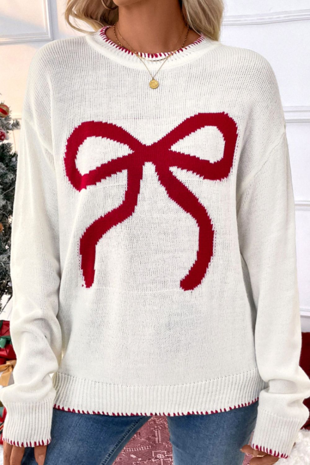 Bow Round Neck Drop Shoulder Sweater-TOPS / DRESSES-[Adult]-[Female]-White-S-2022 Online Blue Zone Planet