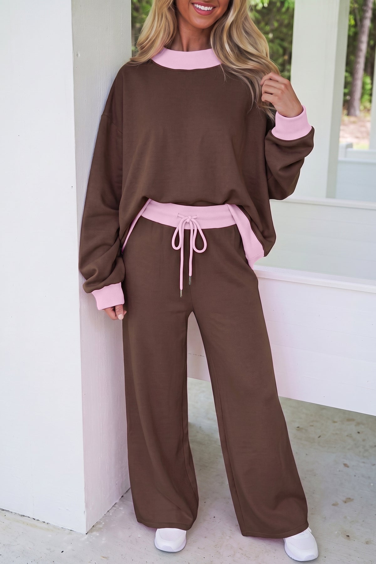 Light Pink Color Block Trim Long Sleeve Pullover Drawstring Shift Pants Set-Two Piece Sets/Pant Sets-[Adult]-[Female]-2022 Online Blue Zone Planet