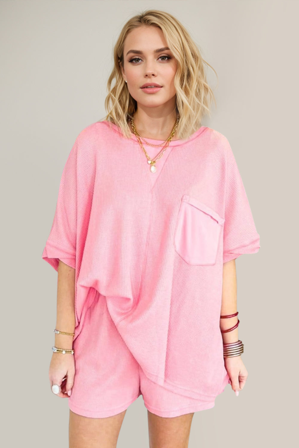 Blue Zone Planet | Oh Full Size Round Neck Half Sleeve Top and Shorts Set-TOPS / DRESSES-[Adult]-[Female]-Dusty Pink-S-2022 Online Blue Zone Planet