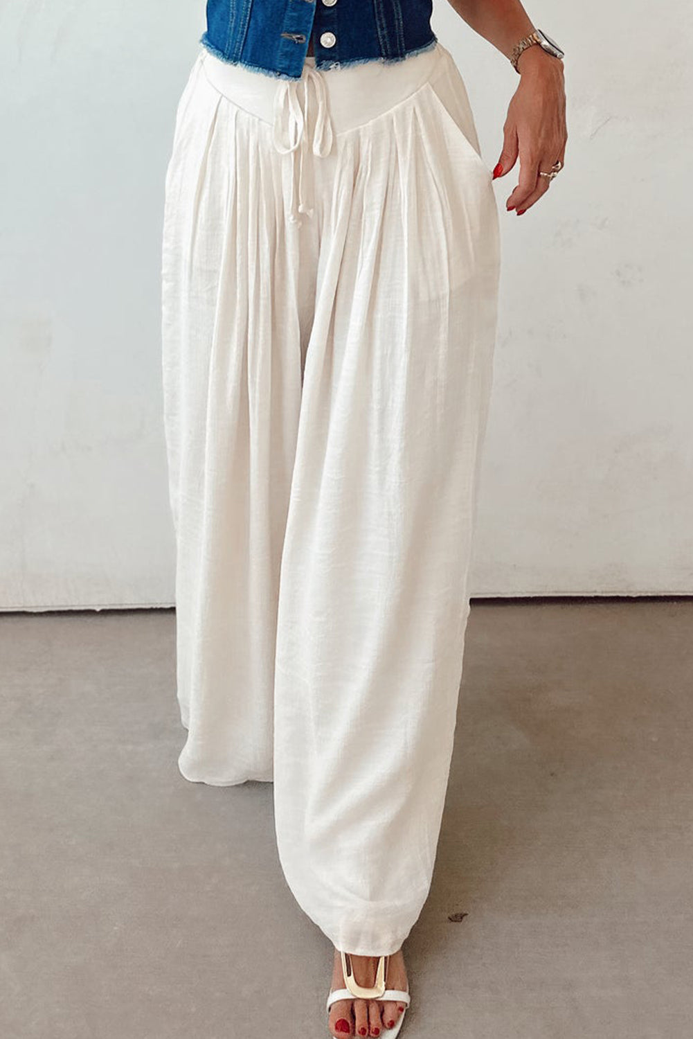 White Casual Tie Waist Pleated Wide Leg Pants-Bottoms/Pants & Culotte-[Adult]-[Female]-2022 Online Blue Zone Planet